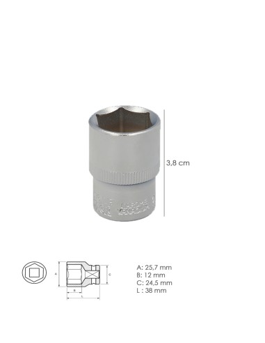 Llave Vaso 1/2" Hexagonal 20 mm. Perfil de 6 caras. Acero Cromo Vanadio, Aristas Redondas