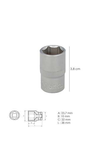 Llave Vaso 1/2" Hexagonal 17 mm. Perfil de 6 caras. Acero Cromo Vanadio, Aristas Redondas