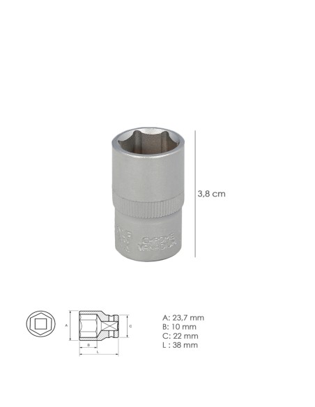 Llave Vaso 1/2" Hexagonal 17 mm. Perfil de 6 caras. Acero Cromo Vanadio, Aristas Redondas
