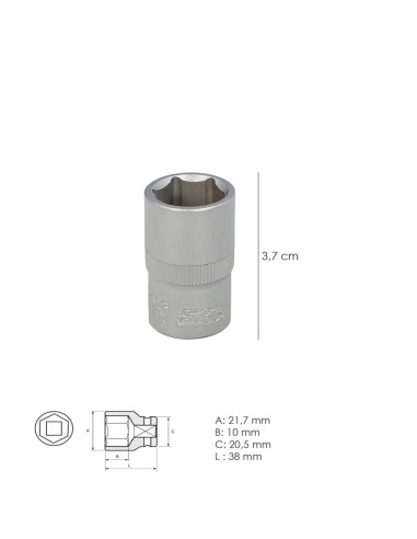 Llave Vaso 1/2" Hexagonal 16 mm. Perfil de 6 caras. Acero Cromo Vanadio, Aristas Redondas