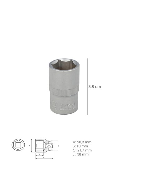 Llave Vaso 1/2" Hexagonal 14 mm. Perfil de 6 caras. Acero Cromo Vanadio, Aristas Redondas