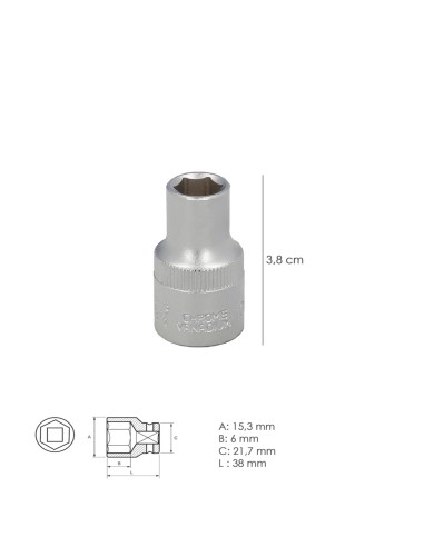 Llave Vaso 1/2" Hexagonal 10 mm. Perfil de 6 caras. Acero Cromo Vanadio, Aristas Redondas