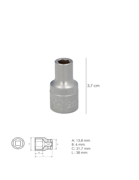 Llave Vaso 1/2" Hexagonal 8 mm. Perfil de 6 caras. Acero Cromo Vanadio, Aristas Redondas