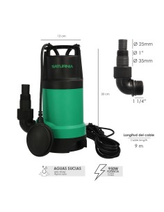 Bomba Aguas Sucias Sumergible 950 W. 14.000 lts/hora, Profundidad 7 Mts, Elevación 10 mts. Particulas max. Ø 30 mm. 2