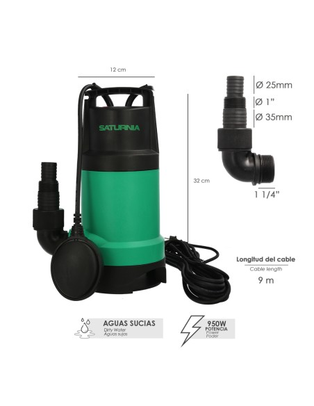 Bomba Aguas Sucias Sumergible 950 W. 14.000 lts/hora, Profundidad 7 Mts, Elevación 10 mts. Particulas max. Ø 30 mm.