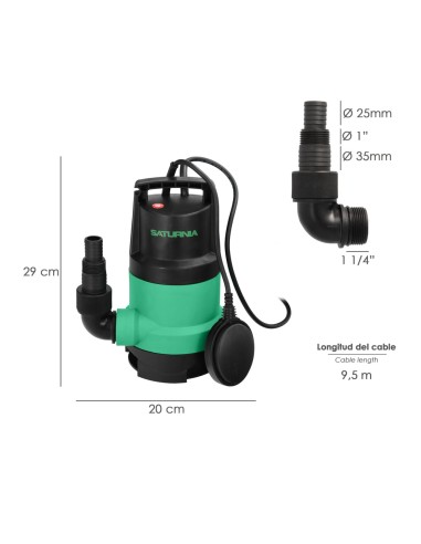 Bomba Aguas Sucias Sumergible 450 W. 8.000 lts/hora, Profundidad 5 Mts, Elevación 5,5 mts. Particulas max. Ø 30 mm.