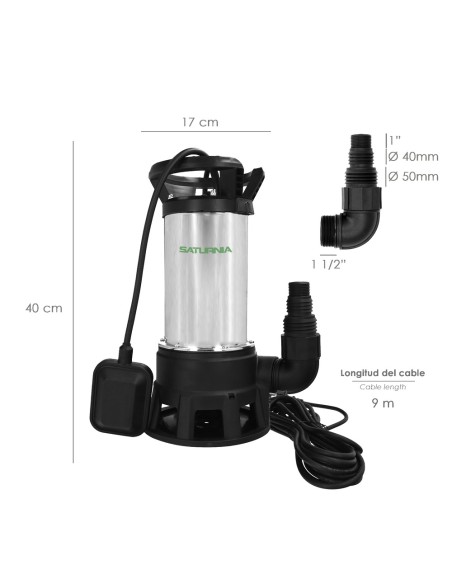 Bomba Aguas Sucias Sumergible Inoxidable 1.300 W. 25.000 lts/hora, Profundidad 7 Mts, Elevación 11 mts. Particulas max. Ø 38 mm.