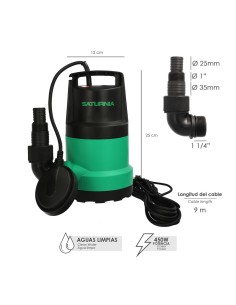 Bomba Aguas Limpias Sumergible 450W. 8.000 lts/hora, Profundidad 5 Mts, Elevación 5,5 mts. 2