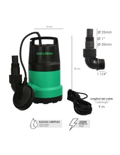 Bomba Aguas Limpias Sumergible 250 Watt. 5.500 lts/hora, Profundidad 5 Mts, Elevación 4,5 mts. Particulas max. Ø 2-3 mm. 2