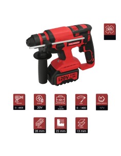 Martillo SDS PLUS A Bateria 20 Volt. Con Bateria 4.0 Ah. 1.400 R.P.M. 3 Funciones Cincelar, Perforar y Perforar con Martillo 2