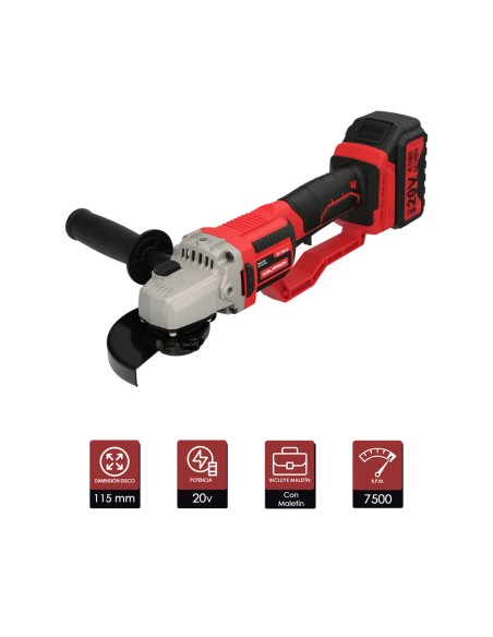 Amoladora A Bateria 20 Volt. Con Bateria 4.0 Ah. Ø 115 mm. 7.000 R.P.M. Mango 3 Posiciones Eje M14 Protector Disco Ajustable