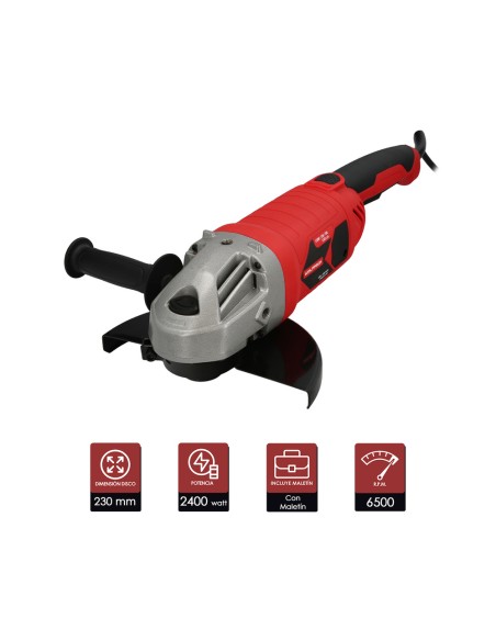 Amoladora Angular 2.400 Watt. Disco Ø 230 mm. 6.500 R.P.M. Mango 3 Posiciones Eje M14 Protector Disco Ajustable, Anti arranque