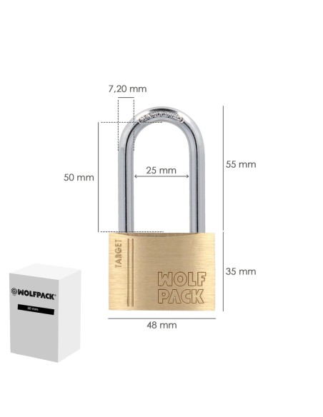 Candado Laton Arco Largo 50 mm. Arco Endurecido. Candado Maletas, Candado Taquillas, Candado Puertas