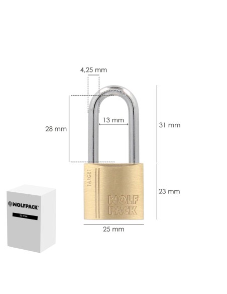 Candado Laton Arco Largo 25 mm. Arco Endurecido. Candado Maletas, Candado Taquillas, Candado Puertas