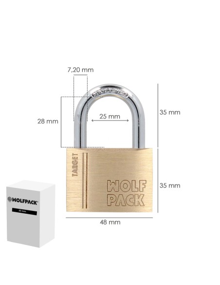Candado Laton Arco Normal 50 mm. Serie Target. Arco Endurecido. Candado Maletas, Candado Taquillas, Candado Puertas