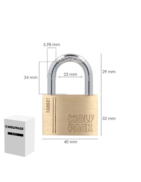 Candado Laton Arco Normal 40 mm. Serie Target. Arco Endurecido. Candado Maletas, Candado Taquillas, Candado Puertas