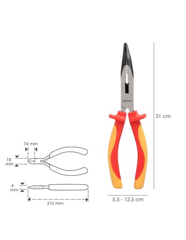 Alicates Boca Curva 200 mm. Mangos Aislados Acero Cromo Vanadio Pelacables, Corta Cables, Pelador Cables