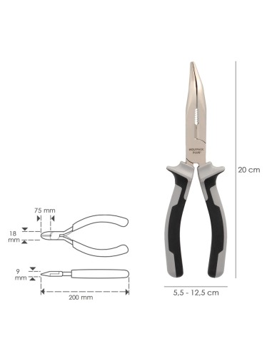 Alicates Boca Curva 200 mm. Acero Cromo Vanadio DIN-ISO 5745 Alicates Punta Curva, Alicates Boca Curva Larga,