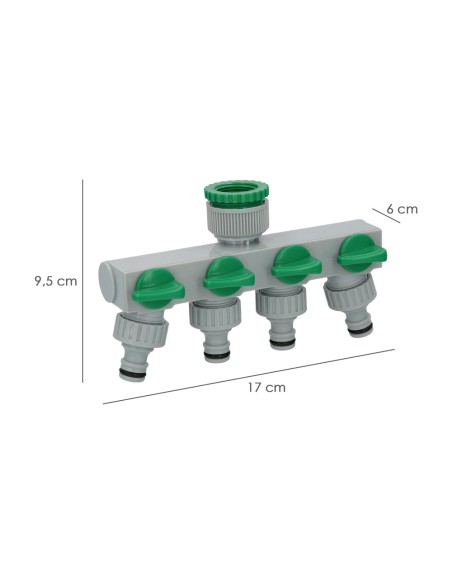 Adaptador Manguera Plastico 3/4" - 1" 4 Vias, Distribuidor 4 vias, Divisor Manguera, Ajuste Independiente, Tomas 1/2+Adaptador