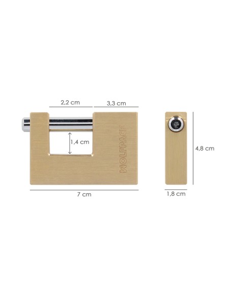 Candado Cuadrado Latón Persiana Ancho 70 mm. Alta Seguridad, Antirrobo Puertas, Contenedores, Trasteros, 2 Llaves