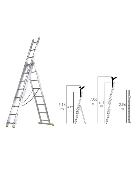 Escalera Aluminio 3 Tramos 10+10+10 Peldaños.Plegable, Telescópica, Antideslizante, Resistente.