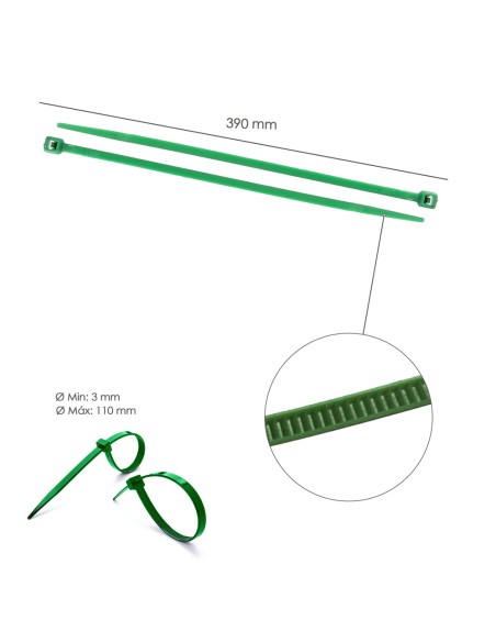 Brida Nylon 100%. Color Verde 4,6 x 390 mm. Bolsa 100 Unidades. AbraBridas Nylon 100% Verde 4,6x390 mm. (Bolsa 100 Unidades)