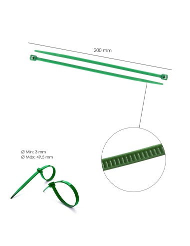 Brida Nylon 100%. Color Verde 4,6 x 200 mm. Bolsa 100 Unidades. Abrazadera Plastico, Organizador Cables, Alta Resistencia
