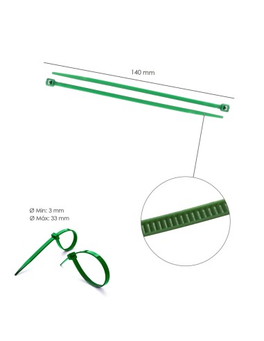 Brida Nylon 100%. Color Verde 3,6 x 140 mm. Bolsa 100 Unidades. Abrazadera Plastico, Organizador Cables, Alta Resistencia