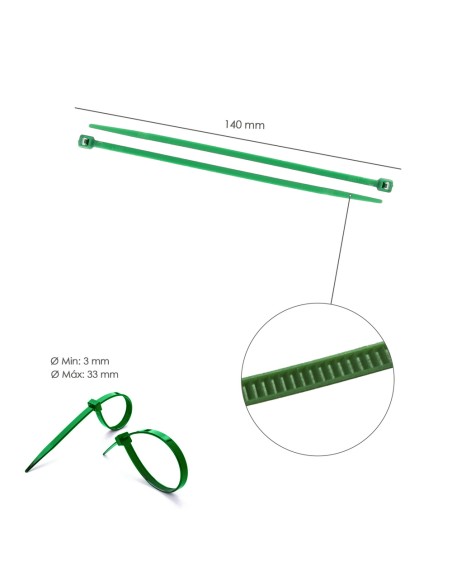 Brida Nylon 100%. Color Verde 3,6 x 140 mm. Bolsa 100 Unidades. Abrazadera Plastico, Organizador Cables, Alta Resistencia