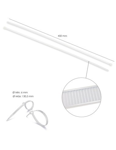 Brida Nylon 100%. Color Blanco / Natural 7,5 x 450 mm. 100 Piezas. Abrazadera Plastico, Organizador Cables, Alta Resistencia
