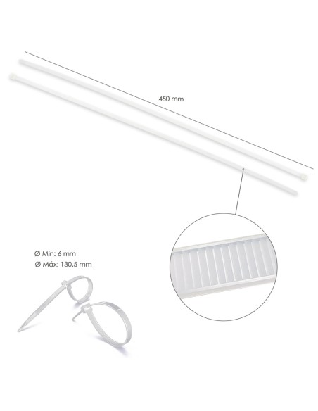 Brida Nylon 100%. Color Blanco / Natural 7,5 x 450 mm. 100 Piezas. Abrazadera Plastico, Organizador Cables, Alta Resistencia