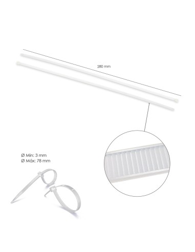Brida Nylon 100%. Color Blanco / Natural 3,5 x 280 mm. 100 Piezas. Abrazadera Plastico, Organizador Cables, Alta Resistencia