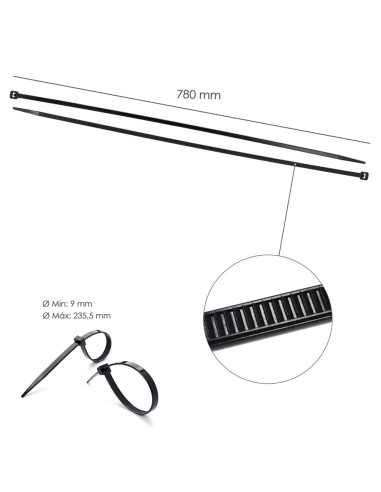 Brida Nylon 100%. Color Negro 9,0 x 780 mm. Bolsa 100 unidades. Abrazadera Plastico, Organizador Cables, Alta Resistencia