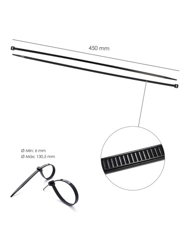 Brida Nylon 100%. Color Negro 7,5 x 450 mm. Bolsa 100 unidades. Abrazadera Plastico, Organizador Cables, Alta Resistencia