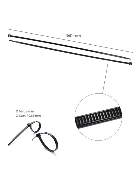 Brida Nylon 100%. Color Negro 7,5 x 360 mm. Bolsa 100 unidades. Abrazadera Plastico, Organizador Cables, Alta Resistencia