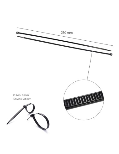 Brida Nylon 100%. Color Negro 3,5 x 280 mm. Bolsa 100 unidades. Abrazadera Plastico, Organizador Cables, Alta Resistencia