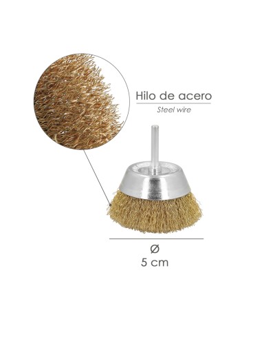Cepillo Acero Latonado Para Taladro Taza Ø 50 mm. Espiga 1/4" Cepillo Taladro Alambre Latón, Cepillo Limpieza, Cepillo Pulir.