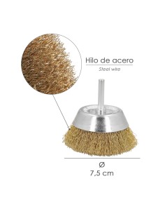 Cepillo Acero Latonado Para Taladro Taza Ø 75 mm. Espiga 1/4" Cepillo Taladro Alambre Latón, Cepillo Limpieza, Cepillo Pulir. 2
