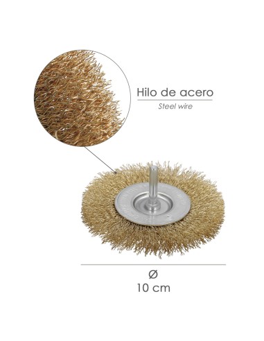 Cepillo Acero Latonado Para Taladro. Disco Ø 100 mm. Espiga 1/4" Cepillo Taladro Alambre Latón, Cepillo Limpieza, Cepillo Pulir.