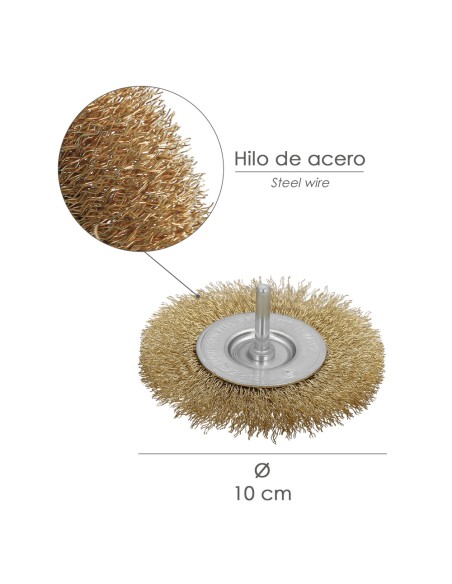 Cepillo Acero Latonado Para Taladro. Disco Ø 100 mm. Espiga 1/4" Cepillo Taladro Alambre Latón, Cepillo Limpieza, Cepillo Pulir.