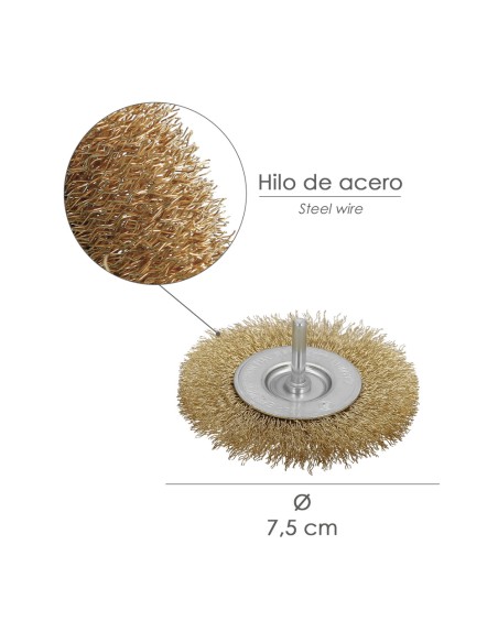 Cepillo Acero Latonado Para Taladro. Disco Ø 75 mm. Espiga 1/4" Cepillo Taladro Alambre Latón, Cepillo Limpieza, Cepillo Pulir.