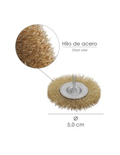 Cepillo Acero Latonado Para Taladro. Disco Ø 50 mm. Espiga 1/4" Cepillo Taladro Alambre Latón, Cepillo Limpieza, Cepillo Pulir. 2