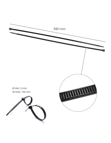 Brida Nylon 100%. Color Negro 4,5 x 360 mm. Bolsa 100 unidades. Abrazadera Plastico, Organizador Cables, Alta Resistencia