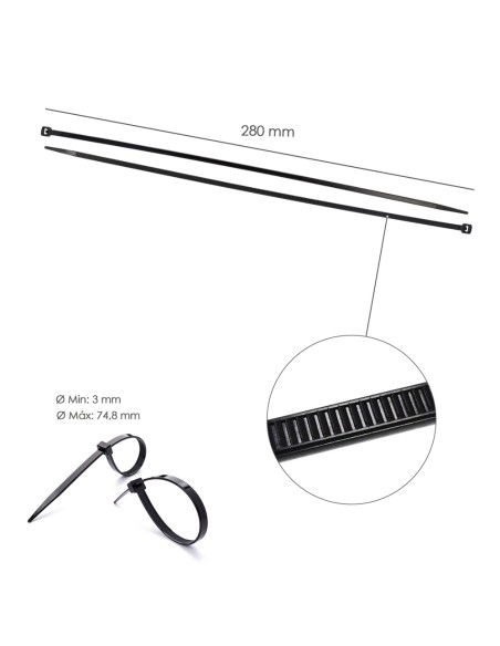 Brida Nylon 100%. Color Negro 4,5 x 280 mm. Bolsa 100 unidades. Abrazadera Plastico, Organizador Cables, Alta Resistencia