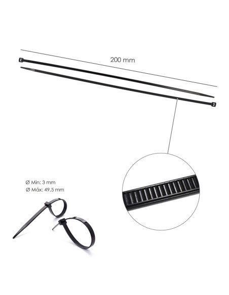Brida Nylon 100%. Color Negro 4,5 x 200 mm. Bolsa 100 unidades. Abrazadera Plastico, Organizador Cables, Alta Resistencia