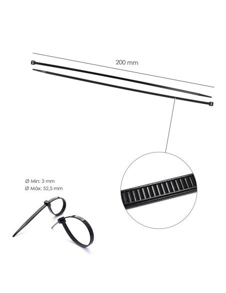 Brida Nylon 100%. Color Negro 2,5 x 200 mm. Bolsa 100 unidades. Abrazadera Plastico, Organizador Cables, Alta Resistencia