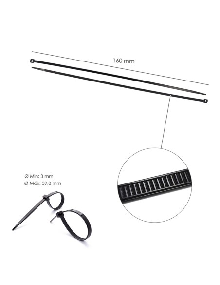 Brida Nylon 100%. Color Negro 2,5 x 160 mm. Bolsa 100 unidades. Abrazadera Plastico, Organizador Cables, Alta Resistencia