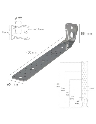 Soporte Para Madera Con Angulo Reforzado 65x88x450 mm. Conector Angular, Escuadra Fijación, Zapata Madera Soporte Pergola Madera