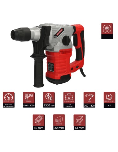 Martillo Demoledor Perforador SDS PLUS 1.500 Watt. Con Accesorios y Maletin. 4.000 IPM 6 Julios.