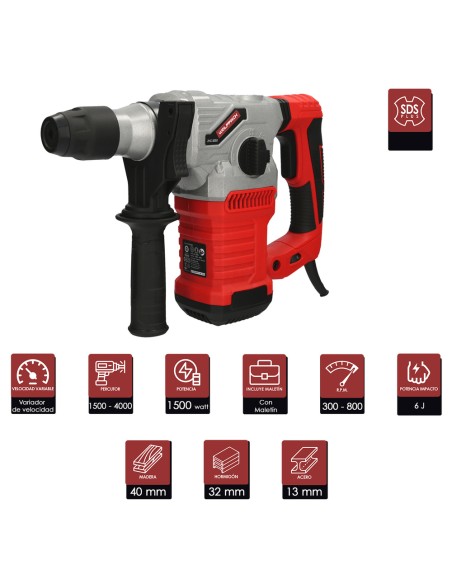 Martillo Demoledor Perforador SDS PLUS 1.500 Watt. Con Accesorios y Maletin. 4.000 IPM 6 Julios.